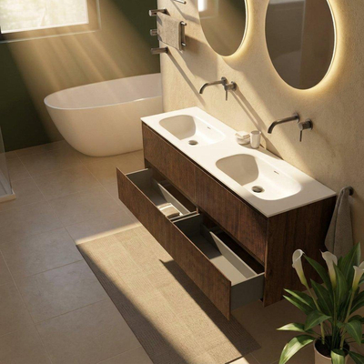 Saniclass Holz Atelier Ensemble meuble de salle de bains - 160x45x61.5cm - Flow lavabo en solid surface blanc - 2 vasques - sans trous de robinetterie - 4 tiroirs - chêne charcoal mat (bois)