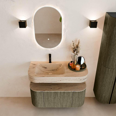 MONDIAZ THOR-DLUX 100cm meuble de salle de bains arrondi gauche + droite couleur Shadow avec 1 tiroir et 2 portes. Vasque suspendue CLOUD Gauche 1 trou de robinet couleur Arena.