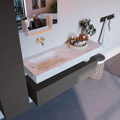 Mondiaz ALAN-DLUX Ensemble de meuble - 130cm - meuble Dark grey mat - 1 tiroir - Lavabo Cloud Opalo suspendu - vasque Gauche - 0 trous de robinet