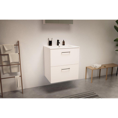 Nemo Go Ensemble de meuble - 60x65x45.5cm - 2 tiroirs - avec poignée - 1 vasque Blanc brillant - 1 trous de robinet - avec armoire toilette - MDF standard white