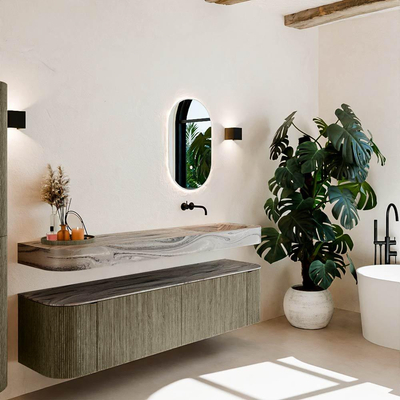 MONDIAZ THOR-DLUX 180cm meuble de salle de bains arrondi gauche + droite couleur Shadow avec 2 tiroirs et 2 portes. Vasque suspendue CLOUD droite sans trou de robinet couleur Sombra.