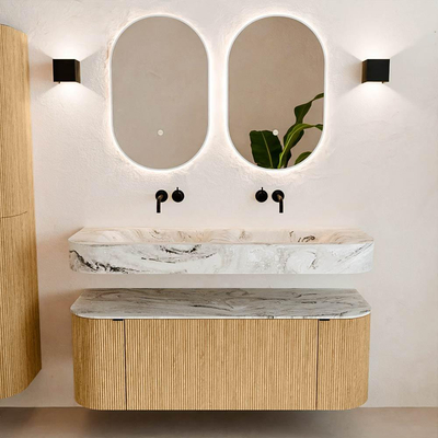 MONDIAZ THOR-DLUX 130cm meuble de salle de bains arrondi gauche + droite couleur Oak avec 1 tiroir et 2 portes. Vasque suspendue CLOUD Double sans trou de robinet couleur Glace.