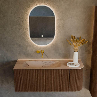 MONDIAZ KURVE-DLUX 115cm badmeubel ronding Rechts kleur Walnut met 1 lade en 1 deur. Wastafel BIG SMALL Links zonder kraangat Arena.