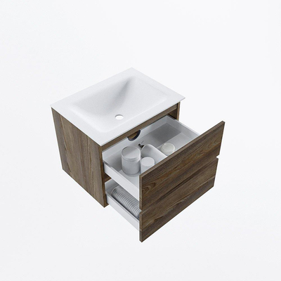 Mondiaz VICA ensemble de meuble de salle de bain - 60cm - meuble sous-vasque marron foncé gris - 2 tiroirs - lavabo nuage milieu - 1 trou de robinet - version haute de 60cm - talc