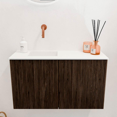 Mondiaz JOYA 70cm toiletmeubel - kleur Walnut - Wastafel FAYE positie Links Zonder kraangat kleur Talc.