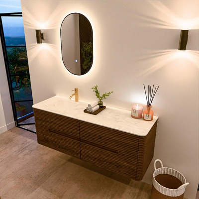 Mondiaz CIRO-DLUX Meuble de salle de bains - 140x45x50cm - Plan vasque solid surface Opalo - 1 vasque à gauche - 1 trou de robinet - 4 tiroirs - Dusk