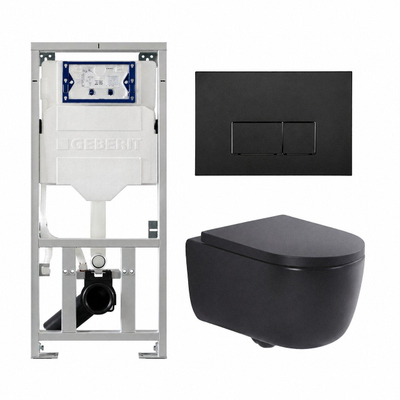 QeramiQ Dely Swirl Toiletset - 36.3x51.7cm - Geberit UP320 inbouwreservoir - met Burda frame - 35mm zitting - mat zwarte metalen bedieningsplaat - rechthoekige knoppen - mat zwart