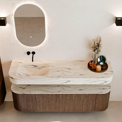 MONDIAZ THOR-DLUX 160cm badmeubel ronding links + rechts kleur Walnut met 1 lade en 2 deuren. Vrijhangende wastafel CLOUD Links zonder kraangat kleur Nata.