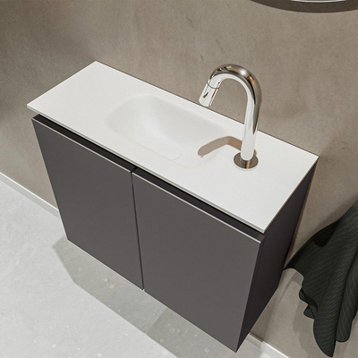 MONDIAZ TURE Fonteinset - 60x23x50cm - 1 kraangat - 2 deuren - darkgrey mat - Wasbak midden - Solid Surface Wit