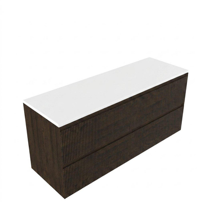 Saniclass Holz Atelier Ensemble meuble de salle de bains - 140x45x62.5cm - plan Torino en solid surface blanc - sans trou de robinet - 4 tiroirs - chêne charcoal mat (bois)