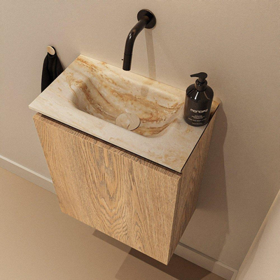 MONDIAZ TURE-DLUX Meuble de toilette 40 cm Chêne lavé. EDEN lavabo Frappe position milieu. Sans trou de robinet.