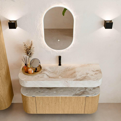 MONDIAZ THOR-DLUX 130cm badmeubel ronding links + rechts kleur Oak met 1 lade en 2 deuren. Vrijhangende wastafel CLOUD Midden 1 kraangat kleur Frappe.