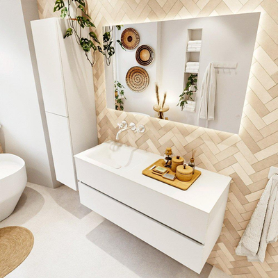 MONDIAZ VICA meuble sous lavabo 120cm Talc 2 tiroirs. Lavabo CLOUD gauche sans trou de robinet, couleur Talc.