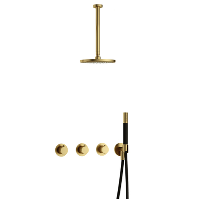 Hotbath Cobber IBS70 Regendoucheset - inbouw - 30cm plafondarm - 20cm ronde hoofddouche - staafhanddouche - PVD - geborsteld messing (goud)