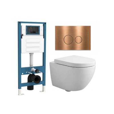 Ensemble WC QeramiQ Dely Swirl Compact - réservoir encastré QeramiQ flush - abattant 25 mm - plaque de commande métallique cuivre - boutons ronds - blanc brillant