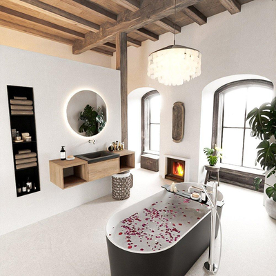 MONDIAZ BUKLA 140cm ensemble de meuble avec module ouvert 40 L+R couleur Chêne blanchi avec 1 tiroir. Lavabo CLOUD milieu 0 trous de robinet couleur Urbain.