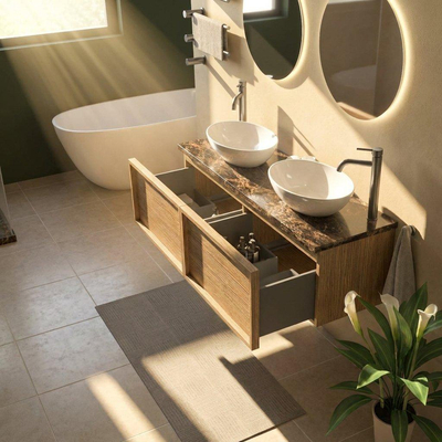 Saniclass Holz Frame Ensemble de meubles de salle de bains - 140x45x43cm - Plan en pierre naturelle Noche dark emperador - 2 trous de robinet - 2 tiroirs - chêne natural mat (bois)