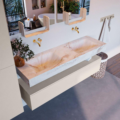 Mondiaz ALAN-DLUX Ensemble de meuble - 150cm - meuble Linen mat - 1 tiroir - Lavabo Cloud Frappe suspendu - vasque Gauche et droite - 0 trous de robinet