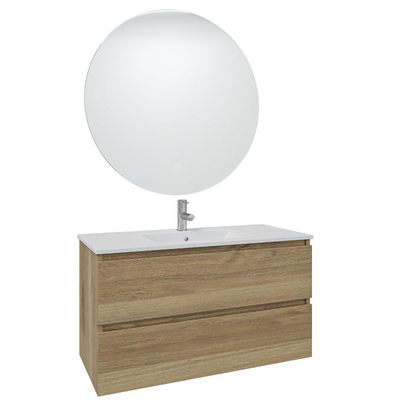 Adema Chaci Meuble salle de bain - 100x46x57cm - 1 vasque en céramique blanche - 1 trou de robinet - 2 tiroirs - miroir rond avec éclairage - cannelle