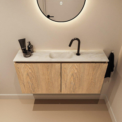 MONDIAZ TURE-DLUX Meuble toilette - 100cm - Washed Oak - EDEN - vasque Ostra - position centrale - 1 trou de robinet