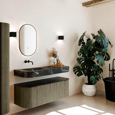 MONDIAZ THOR-DLUX 130cm meuble de salle de bains arrondi gauche + droite couleur Shadow avec 1 tiroir et 2 portes. Vasque suspendue CLOUD gauche sans trou de robinet couleur Lava.