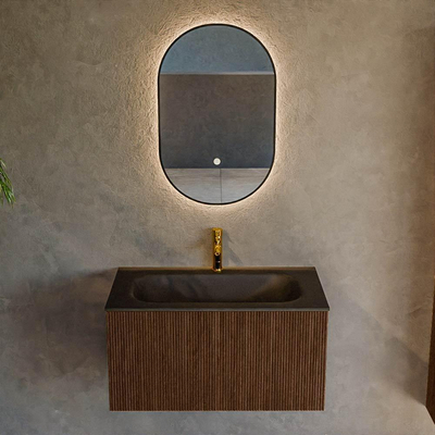 MONDIAZ KURVE 80cm badmeubel kleur Walnut met 1 lade. Wastafel BIG SMALL midden 1 kraangat Urban.