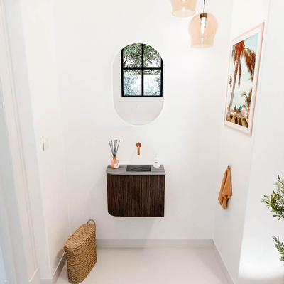 Mondiaz JOYA-DLUX 51.6cm toiletmeubel - ronding links kleur Walnut - Wastafel FAYE positie Rechts Zonder kraangat kleur Sombra.