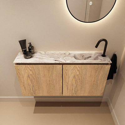 MONDIAZ TURE-DLUX Meuble toilette - 100cm - Washed Oak - EDEN - vasque Glace - position droite - 1 trou de robinet