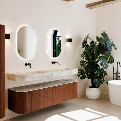 MONDIAZ THOR-DLUX Meuble de salle de bains 170cm arrondi gauche + droite couleur Ruby avec 1 tiroir et 2 portes. Vasque suspendue CLOUD Double sans trou de robinet couleur Frappe.