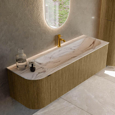 MONDIAZ KURVE-DLUX 145cm meuble de salle de bains arrondi gauche couleur Dusk avec 1 tiroir et 1 porte. Lavabo BIG LARGE droite 1 trou de robinet Nata.