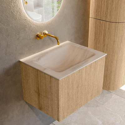 MONDIAZ KURVE-DLUX 60cm badmeubel kleur Oak met 1 lade en 0 deuren. Wastafel CLOUD Midden zonder kraangat Meli.