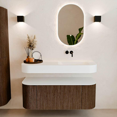 MONDIAZ THOR 120cm meuble de salle de bains arrondi gauche + droite couleur Walnut avec 1 tiroir et 2 portes. Vasque suspendue CLOUD Droite sans trou de robinet couleur Talc.