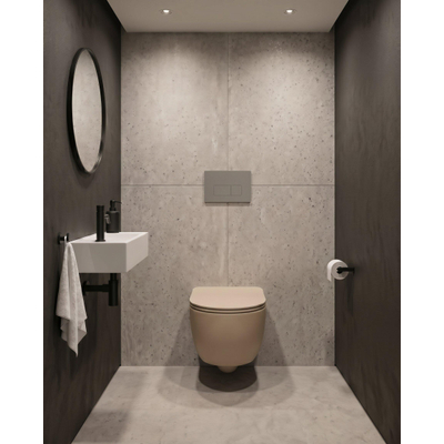 QeramiQ Dely Swirl Toiletset - 36.3x51.7cm - Geberit UP320 inbouwreservoir - met Burda frame - slimzitting - bedieningsplaat licht grijs - rechthoekige knoppen - mat beige