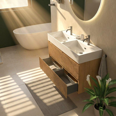 Saniclass Holz Atelier Ensemble de meubles de salle de bains - 120x45x72cm - Legend lavabo en céramique blanc - 2 vasques - 2 trous de robinet - 2 tiroirs - chêne natural mat (bois)