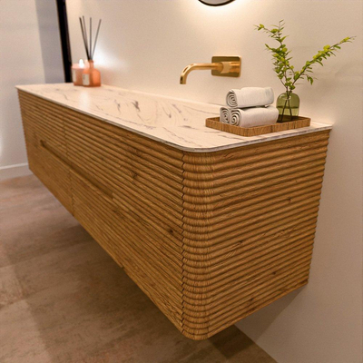 Mondiaz CIRO-DLUX Badkamermeubelset - 180x45x50cm - Solid surface wastafel Nata - 1 wasbak Rechts - zonder kraangaten - 4 lades - Oak