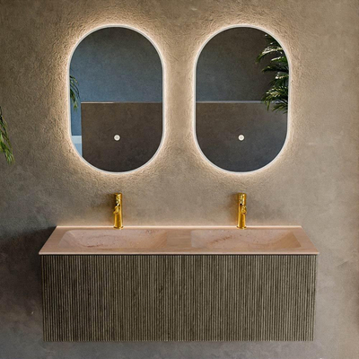 MONDIAZ KURVE-DLUX Meuble de salle de bains 120cm couleur Shadow avec 1 tiroir et 0 porte. Lavabo LEAF Double 2 trous de robinet Saba.