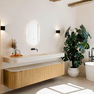 MONDIAZ THOR-DLUX 200cm meuble de salle de bains arrondi gauche + droite couleur Oak avec 2 tiroirs et 2 portes. Vasque suspendue CLOUD Centre sans trou de robinet couleur Meli.