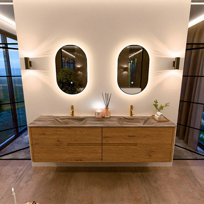 Mondiaz CIRO-DLUX Badkamermeubelset - 190x45x50cm - Solid surface wastafel Sombra - 2 wasbak Dubbel - 2 kraangaten - 4 lades - Oak