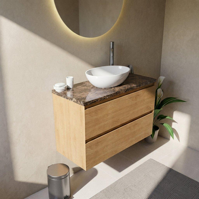 Saniclass Holz Pure Ensemble de meubles de salle de bains - 100x45x63cm - Plan de travail en pierre naturelle Noche dark emperador - 1 trou de robinetterie - 2 tiroirs - chêne natural mat (bois)