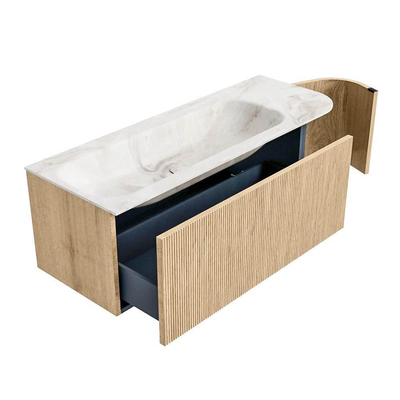MONDIAZ KURVE-DLUX Meuble de salle de bains 125 cm avec module 25 R couleur Oak avec 1 tiroir et 1 porte. Lavabo BIG MEDIUM gauche sans trou de robinet couleur Frappe.