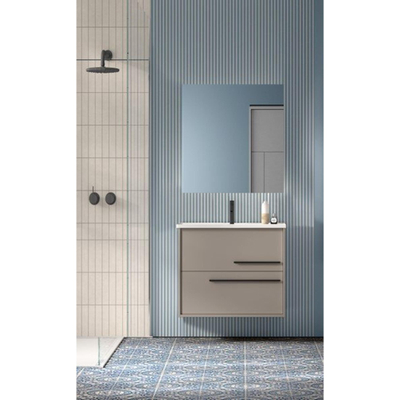 Saniclass Prime Essential Ensemble meuble de salle de bains - 60x55x46cm - 1 vasque rectangulaire blanche - 1 trou de robinet - 2 tiroirs - miroir rectangulaire - taupe