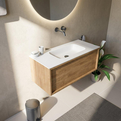 Saniclass Holz Frame Ensemble de meuble de salle de bains - 100x45x41.5cm - Flow lavabo en solid surface blanc - 1 vasque - sans trou de robinet - 1 tiroir - chêne natural mat (bois)