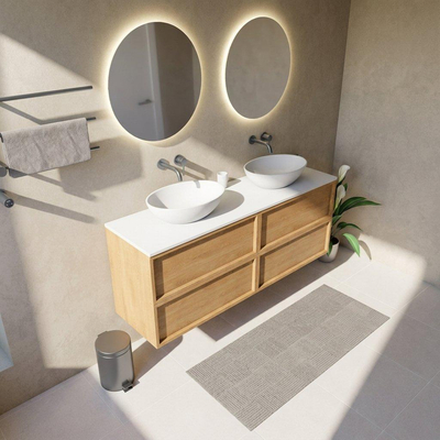 Saniclass Holz Frame Ensemble de meubles de salle de bains - 160x45x62.5cm - plan de travail Torino en solid surface blanc - sans trou de robinetterie - 4 tiroirs - chêne naturel mat (bois)