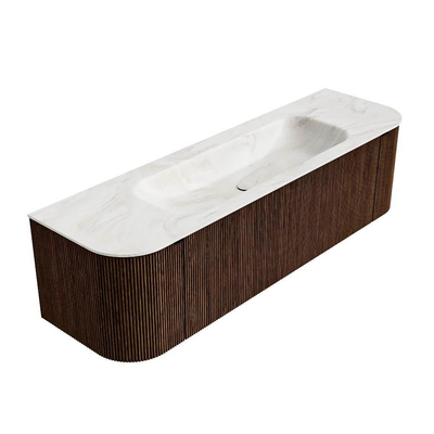 MONDIAZ KURVE-DLUX 160cm badmeubel met module 25 Len R kleur Walnut met 1 lade en 2 deuren. Wastafel BIG MEDIUM midden zonder kraangat kleur Ostra.