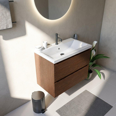 Saniclass Holz Pure Ensemble meuble de salle de bains - 80x45x63.5cm - Lavabo en céramique Bari blanc - 1 vasque - 1 trou de robinet - 2 tiroirs - noyer pure mat (bois)