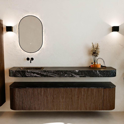 MONDIAZ THOR-DLUX 190cm badmeubel ronding links + rechts kleur Walnut met 2 lades en 2 deuren. Vrijhangende wastafel CLOUD Links zonder kraangat kleur Lava.