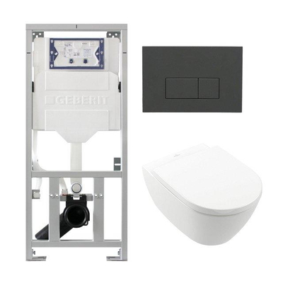 Villeroy Boch Subway 2.0 DirectFlush Toiletset - softclose - geberit reservoir - qeramiq bedieningsplaat bedieningsplaat antraciet mat - rechthoekige knoppen - wit