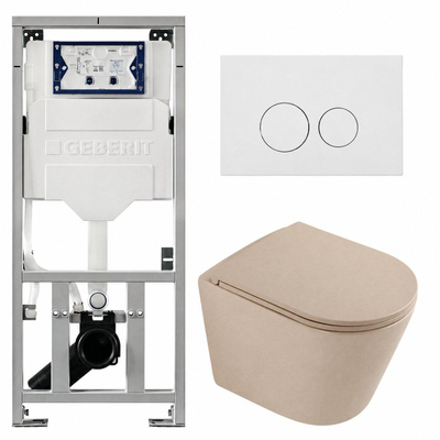 QeramiQ Dely Pack WC - 36,3x51,7cm - à fond creux - sans bride - réservoir encastré Geberit UP320 - abattant WC à fermeture douce - plaque de déclenchement blanche mate - boutons ronds - beige mat