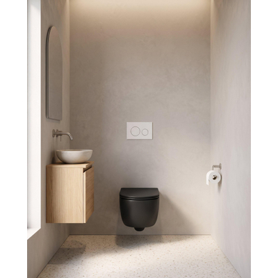QeramiQ Dely Swirl Toiletset - 36.3x51.7cm - Geberit UP320 inbouwreservoir - met Burda frame - slim zitting - glans witte bedieningsplaat - ronde knoppen - mat zwart