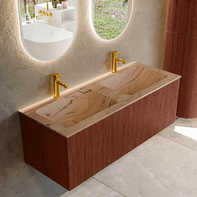 MONDIAZ KURVE-DLUX Meuble de salle de bains 120cm couleur Ruby avec 1 tiroir et 0 porte. Lavabo LEAF Double 2 trous de robinet Arena.